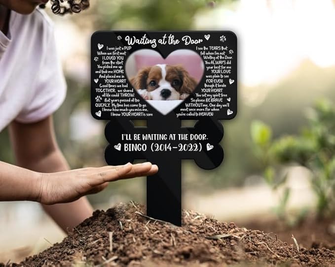 Personalized Dog Memorial Stake Custom Dog Photo Waiting At The Door Dog Bone Metal 12x12 inch Pet Grave Marker Dog Loss Gift Sympathy Gift for Dog Lover (Style 36)