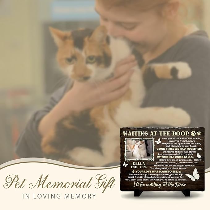 Emotional Tribute to Beloved Cat Death - Pet Grave Markers Headstone - in Remembrance of Cats, Pets Wait at The Door - Unique and Meaningful Memorial Stone Indoor Outdoor