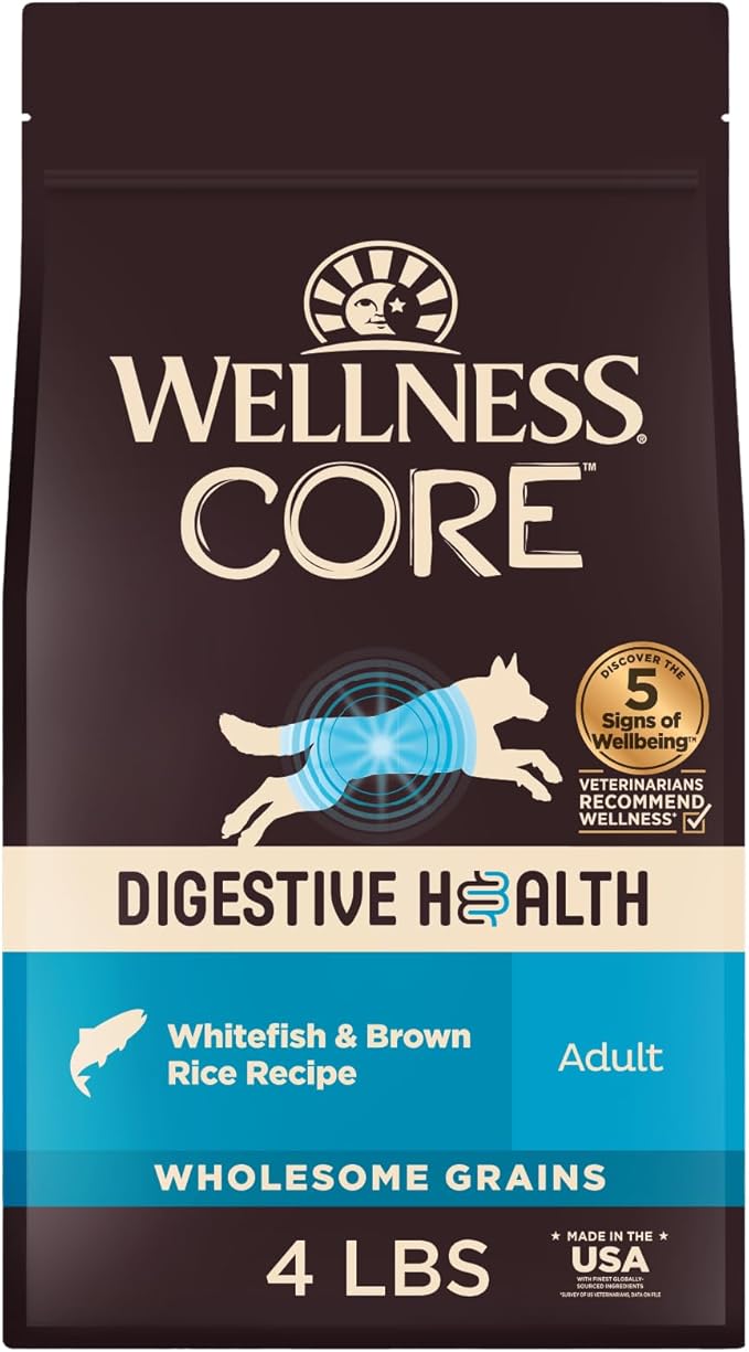 Wellness CORE Digestive Health Dry Dog Food, Wholesome Grains, Natural, Recipe for Dogs with Sensitive Stomachs, Whitefish & Brown Rice, (4-Pound Bag)