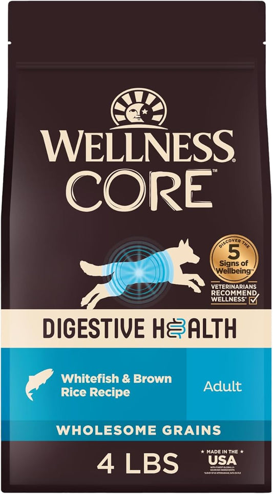 Wellness CORE Digestive Health Dry Dog Food, Wholesome Grains, Natural, Recipe for Dogs with Sensitive Stomachs, Whitefish & Brown Rice, (4-Pound Bag)