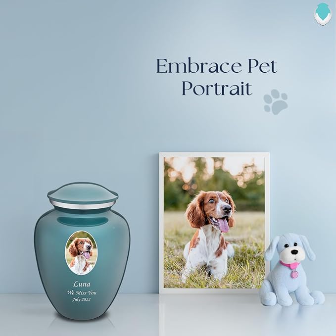 Geturns Embrace Personalized Picture Urn for Small Pets I Teal Photo Cremation Urns for Dogs and Cats I 44 lbs