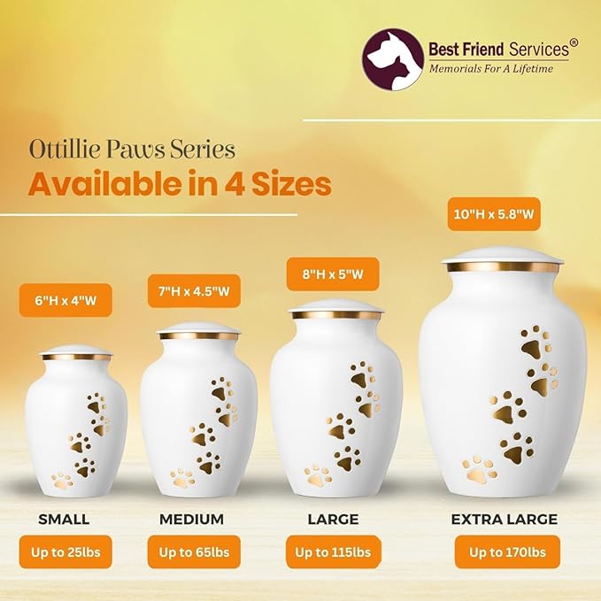 Ottillie Paws Legacy Series Pet Urn for Dogs, Handmade Brass Memorial Cremation Urn (X-Large - Pets up to 170 lbs, Cloud White Vertical Brass Paws)