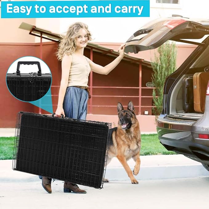 42/48 Inch Dog Crate Extra Large Double-Door Dog Kennel with Plastic Tray & Divider, Indoor Outdoor Folding XL XXL Dog Cage Pet House