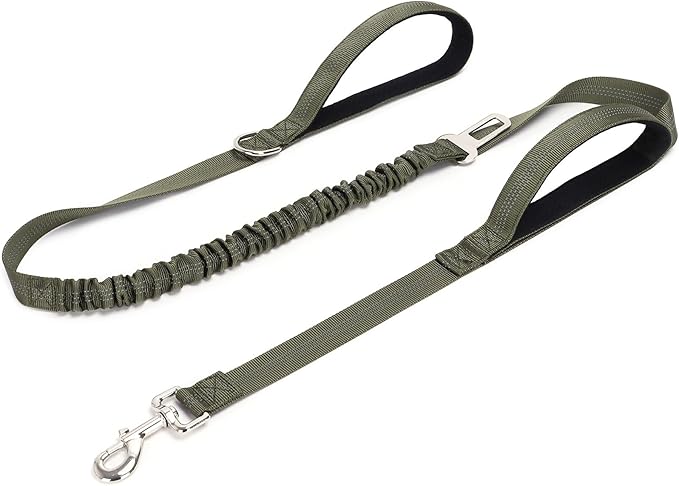 5FT Double Handle Tactical Dog Leash with Shock Absorption, Reflective Heavy Duty Bungee Dog Leash for Medium Large Pull Dogs Walking Training, Army Green