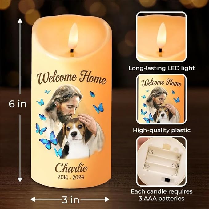 Custom Pets Photo Memorial God Welcome Home My Pet Led Candle Gift for Dog Cat Memorial Sympathy Gifts for Pet Owners Dog Mom Dad On Birthday Christmas Led Candle Home Decor Gifts