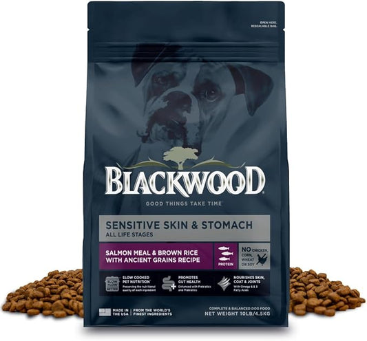 Blackwood Sensitive Skin & Stomach Dry Dog Food, Salmon Meal & Brown Rice with Ancient Grains, 10 Pound Bag with Prebiotics & Probiotics to Promote Gut Health