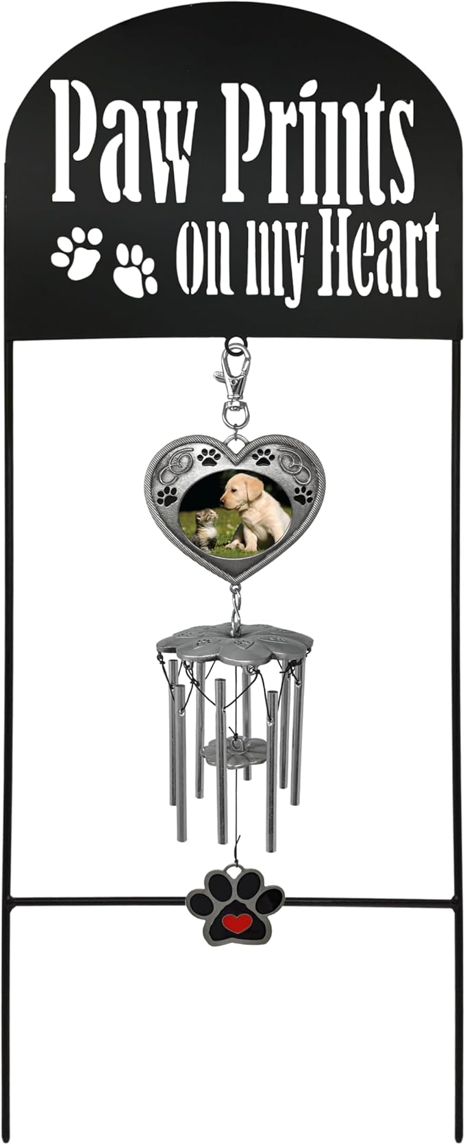 Pet Memorial - Garden Marker with Wind Chimes and Photo Frame- Black Wrought Iron Garden Stake and Windchime - Paw Prints on My Heart - Dog or Cat Loss Gift - Pet Memorial Gifts - 22.5" H