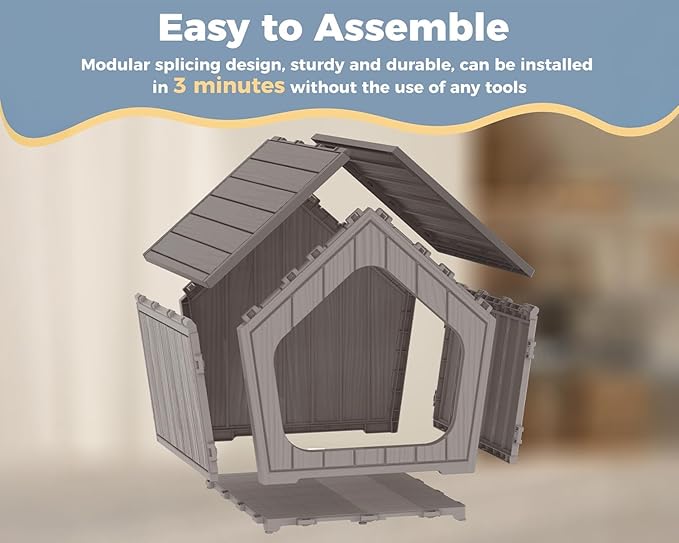 DRATO Dog House Outdoor Indoor Cozy Small Dog Houses Durable Resin Material Houses for Dogs Outside Weatherproof Pet Shelter for Patio, Porch, Living Room (Gray)