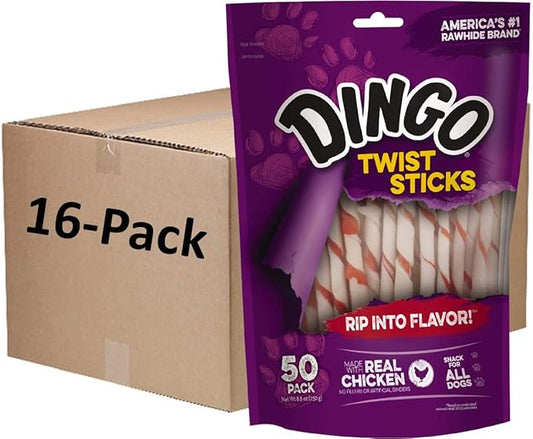 Dingo Twist Sticks 50 Count (Pack of 16) ,Treat For Dogs, Made With Real Chicken