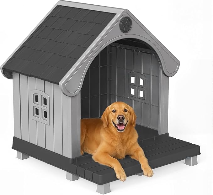 DRATO Large Dog House Outdoor Indoor, Sturdy Plastic Waterproof Doghouse with Air Vents and Elevated Floor, Easy Clean & Assemble for Medium Large Dogs (Black, 33" L×31.5" W×38" H)