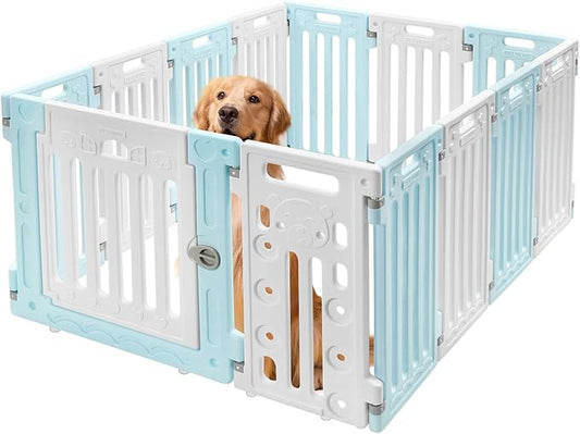 Dog Playpen with Door, 12 Panels Pet Safety Fence Foldable Puppy Pen Indoor Dog Fence, Plastics Enclosure Dog Pen Indoor for Small Dogs and Cats, Easy Assemble (Blue)