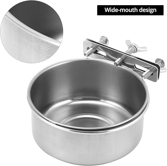QWORK Kennel Water Bowl, 2 Pcs, Stainless Steel, Rust Resistant, Wide-Mouth Design, Twist On/Off Mounting