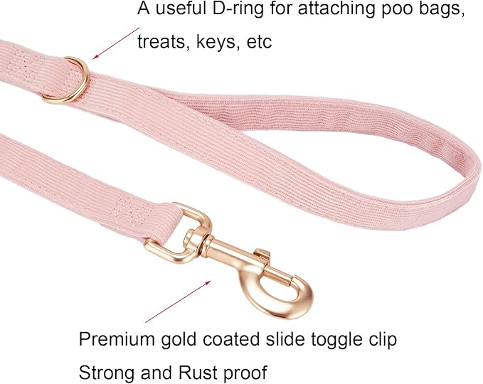 Soft Cotton Dog Leash, 5 Ft Heavy Duty Corduroy Dog Leashes with Gold Metal Hook for Small Medium Large Dogs,Medium,Light Pink