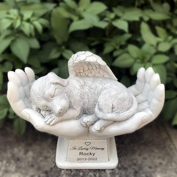 Personalized Dog Pet Grave Markers Memorial Angel Statue Stone with in God's Hands, Dog Pet Headstone Garden Stone，in Loving Memory of A Pet Lost Gift, 7 Inch(H)