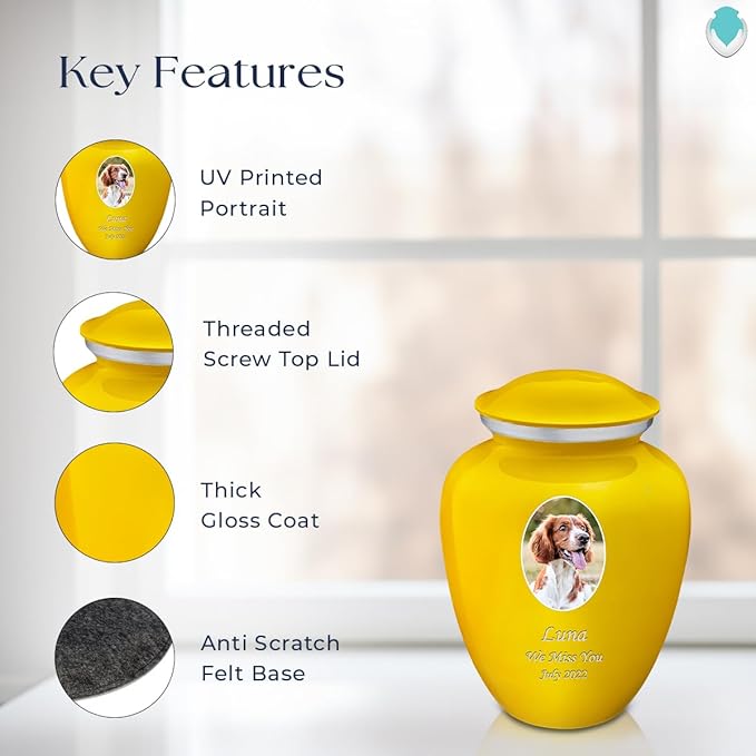 Geturns Embrace Personalized Picture Urn for Small Pets I Yellow Photo Cremation Urns for Dogs and Cats I 44 lbs
