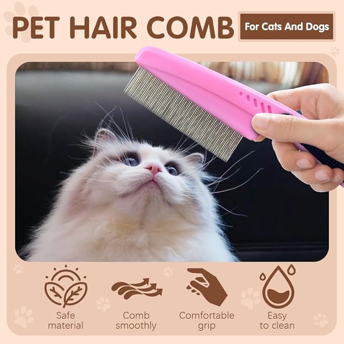 Flea Comb with Rubber Handle, 2025 Upgraded Fine Tooth Dandruff Comb for Dogs & Cats, Fine Tooth Dog Combs for Grooming (Green)