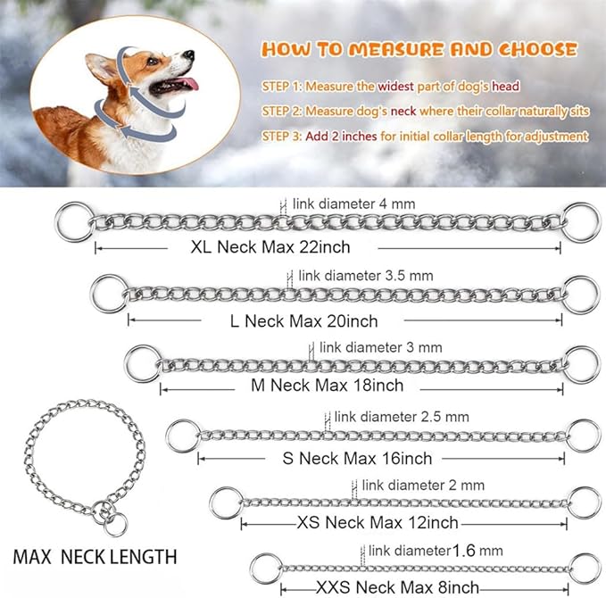 Silver Dog Choker Collars,2-Pack Metal Slip Link Martingale Collar Training Heavy Duty Dog Choke Collars Boys Girls Puppy Collars for XXS XS Small Medium Large Big Breed,M