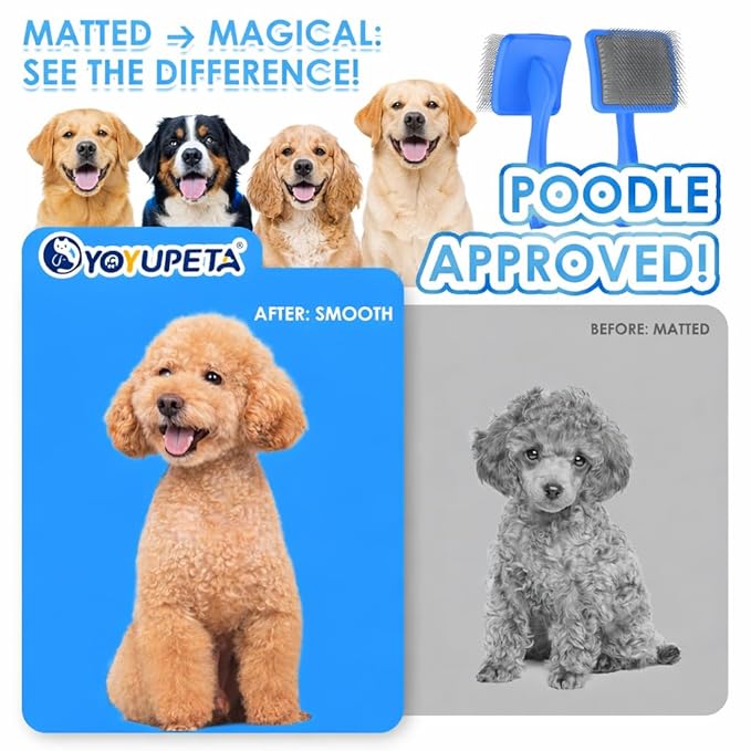 Large Slicker Brush for Dogs,Doodle Brush for Poodles, Goldendoodles, Labradoodle, Extra Long Pins for Detangling Matted Fur & Removing Tangle, Dog Grooming Kit with Wooden Handle. Blue