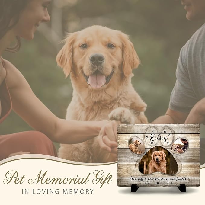 Bereavement Gift for Loss of Pets, Dogs, Cats - Paw Print on Our Hearts Stone - Meaningful Custom Message Option - Unique Home Decor Indoor, Stepping Stones Outdoor for Pet Lovers