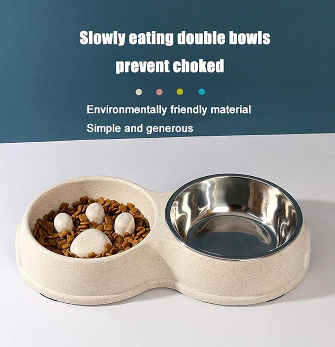 Tineer Double Pet Dog Slow Feeder Bowl,Stainless Steel Anti-Choke Puppy Food and Water Feeder for Dog Cats (Pink)