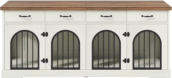 70.8'' Double Dog Crate Furniture for 2 Small and Medium Dogs,XXL Wooden Dog Kennel with 4 Storage Drawers,Removable Divider,Dog Crate TV Stand,Indoor Decorative Dog Cage with 4 Door,White