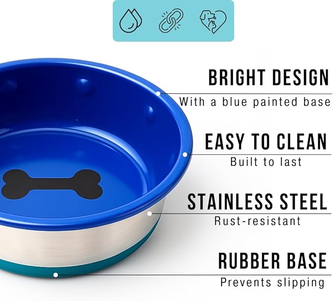Stainless Steel Bowl - No Slip, No Tip - with Silicone Rubber Foot. (16)