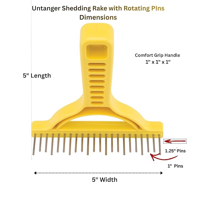The Untangler Rakes for Grooming and Shedding -silky smooth rotating teeth to easily collect loose hair (Yellow, Shedding)