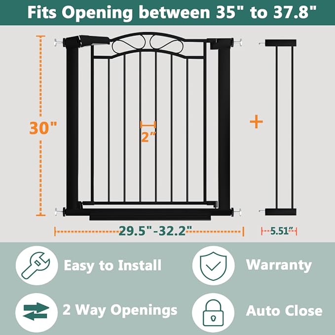 Black Baby Gate with Door-Walk Through Baby Gates for Stairs Pressure Mounted no Drill-Indoor Tension Metal Child Pet Dog Safety Gate 35.04"-37.80" Wide