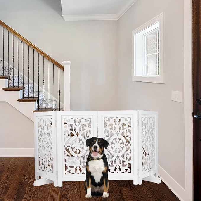Decorative Wooden Pet Gate, Dog Fence, Cat Gate, Foldable, Adjustable, Portable, Extra-Wide, Wooden Dog Barrier, Free-Standing Puppy Gate 4 Panels for Indoor, Doorways, Stairs-26x52 Inch Antique White