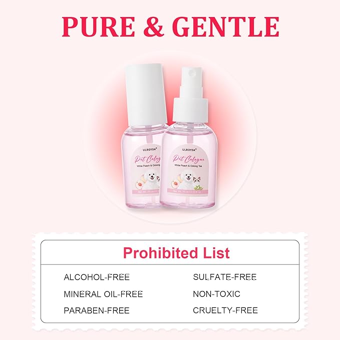Premium Pet Cologne, White Peach & Oolong Tea Dog Perfume, Sweet Scent Long-Lasting Fragrance, Alcohol-Free Grooming Spray for Dogs and Cats, 2.37 fl oz