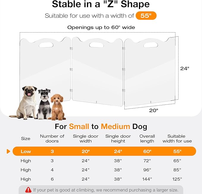 24"Tall Clear Dog Gate Acrylic,3-Panel Clear Pet Gate Foldable,Fluorescent Sticker,Avoid Collision At Night,Safety Lock For More Security,For Doorway,Stair,Protect Decoration,For Small And Medium Pet
