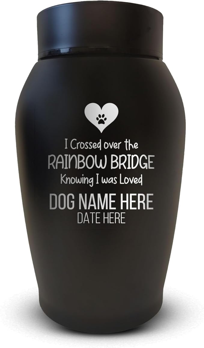 Personalized Custom Small Keepsake Urn Engraved with Pet Name, Date, and Dog Design - 5.2" Black Powder Coated Steel Cremation Urn for Dogs Ashes | 12-16 lb Capacity, Rainbow Bridge