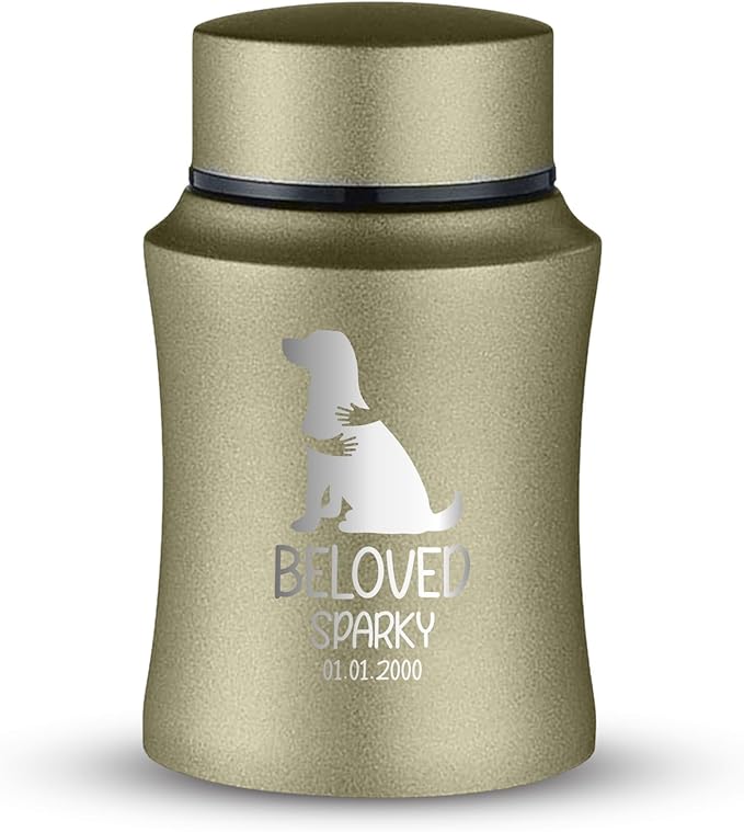 Customized Small Keepsake Urn Personalized Engraved with Pet Name, Date, and Dog Design - 4" Powder Coated Steel Cremation Mini Compact Urn for Dogs Ashes | 5–10 Lbs Capacity | Washed Gold, Embrace