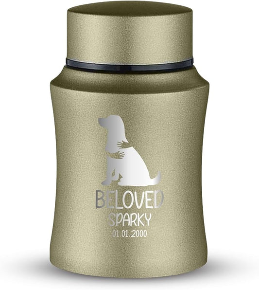 Customized Small Keepsake Urn Personalized Engraved with Pet Name, Date, and Dog Design - 4" Powder Coated Steel Cremation Mini Compact Urn for Dogs Ashes | 5–10 Lbs Capacity | Washed Gold, Embrace