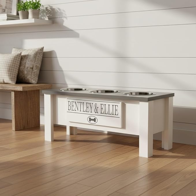 GTW Elevated 3 Bowl Dog Feeding Station - Customized Triple Stand for Large Dogs - Includes Storage & Stainless Steel Bowls (Large, Grey)