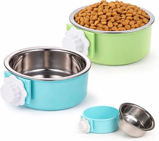 HERCOCCI 2 Pack Dog Crate Bowls, Hanging Removable Stainless Steel Food and Water Bowls for Puppies, Small Dogs, Cats, Rabbits & Ferrets (Blue, Green)