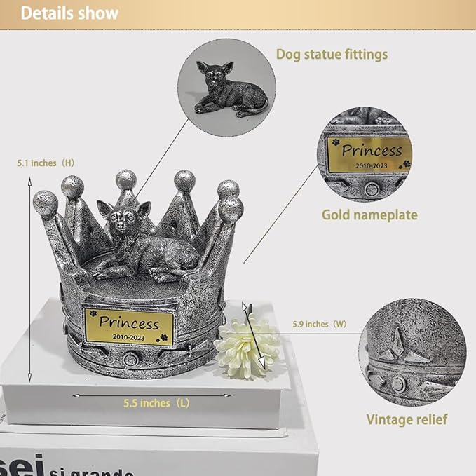 Crown-Shaped Chihuahua Memorial Pet Urns for Dogs Ashes Personalized with Name and Date, Chihuahua Statue Indoor Decorative