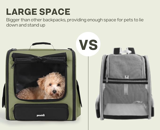 Pecute Spacious Cat Carrier Backpack, Lightweight Ventilated Pet Backpack for Anxious Cats & Small Dogs (Miniature Dachshund), for Hiking Camping Travel Vet Visits, Dark Green