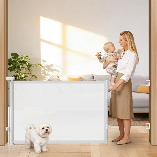 78" Retractable Extra Wide Baby Gates for Doorways, Long Mesh Dog Gate for Large Openings, Indoor Outdoor Pet Gate for Deck Porch Kitchens Hallways, 34" Height, White