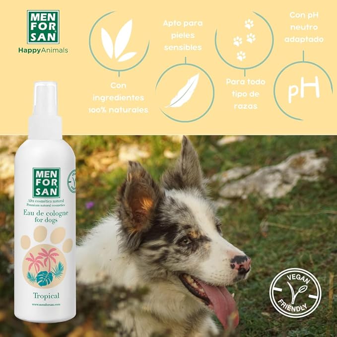 MENFORSAN Cologne water for dogs | Tropical | Intense and refreshing aroma | Deodorant effect | With very mild ingredients that DO NOT irritate the skin | With Neutral Ph | 125ml
