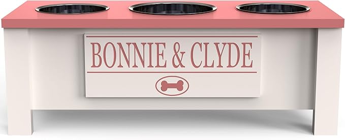 GTW Elevated 3 Bowl Dog Feeding Station - Customized Triple Stand for Medium Size Dog Breeds - Includes Storage & Stainless Steel Bowls (Medium, Pink)
