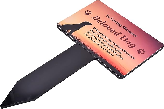 OriginDesigned New Beloved Pet Dog Memorial - Metallic Gold Aluminium Plaque Mounted onto a Black Acrylic Stake.