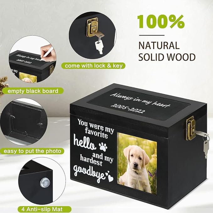 Pet Memorial Urns for Dog or Cat Ashes, Wood Dog Urns for Ashes, Pet Urn with Photo Frame, Memorial Keepsake Memory Box with Key and Lock, Personalized Pet Cremation Urn, Keep Your Pet Close Forever