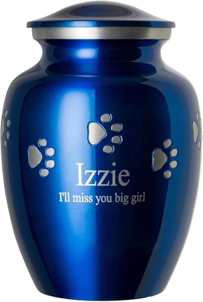Ottillie Paws Premier Series Pet Urn for Dogs with Personalized Laser Engraving (Large - Pets up to 115 lbs, Sapphire Blue with Horizontal Pewter Paws)
