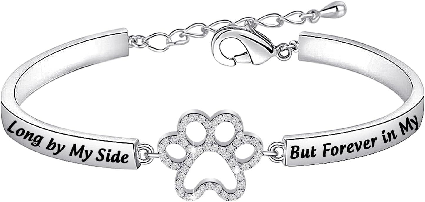 BEKECH Dog Memorial Bracelet No Longer by My Side But Forever in My Heart Crystal Paw Print Bracelet Loss of Pet Jewelry