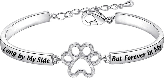 BEKECH Dog Memorial Bracelet No Longer by My Side But Forever in My Heart Crystal Paw Print Bracelet Loss of Pet Jewelry