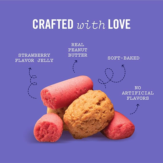 Three Dog Bakery Soft Baked PB&J Bites Dog Treats, Peanut Butter and Strawberry Flavor, Soft and Chewy Dog Cookies, Baked in The USA, 13 oz