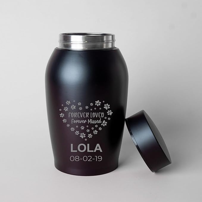 Personalized Cremation Keepsake Pet Ashes Urn Waterproof with Airtight Closure Customized Text Engraving Vase Container Memorial Dog Cat Funeral Decorative (Forever Loved, Forever Missed)