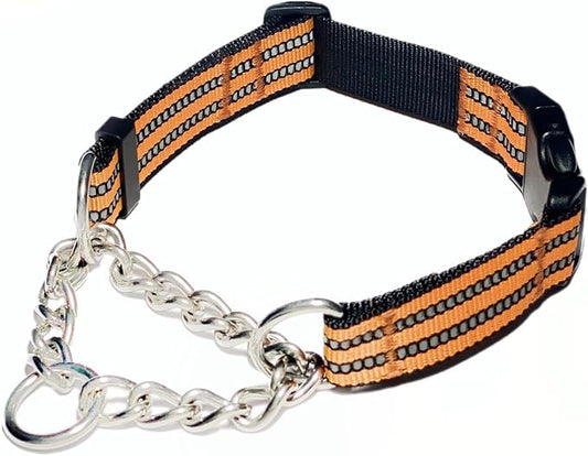 Martingale Collars for Dogs, Heavy Duty Stainless Steel Chain Training Collar, Reflective Nylon Adjustable Collar with Quick Release Buckle, Suitable for Puppy Medium Large Dogs (Orange, M)