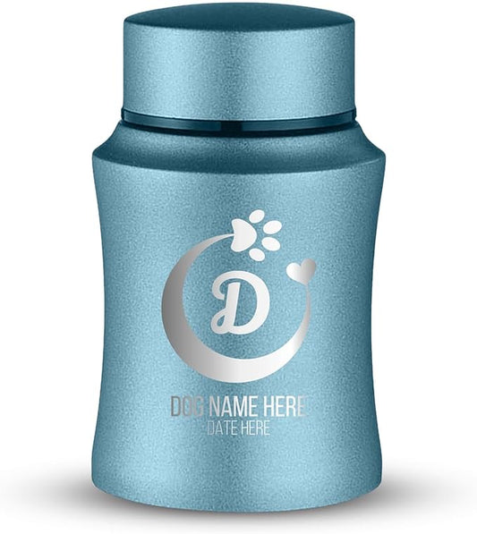 Customized Small Keepsake Urn Personalized Engraved with Pet Name, Date, and Text - 4" Powder Coated Cremation Mini Compact Urn for Dogs Ashes | 5–10 Lbs Capacity | Powder Blue, Crescent Paw and Heart